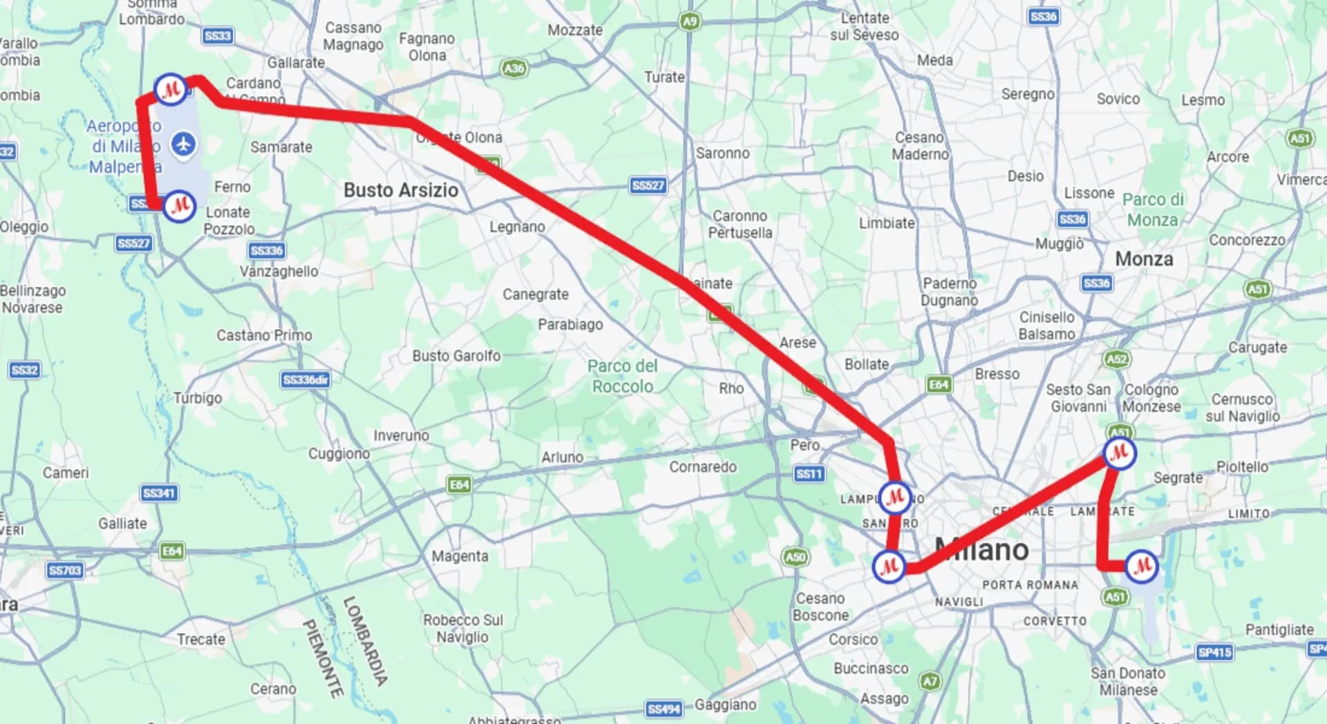 Malpensa - Lampugnano - Linate route map